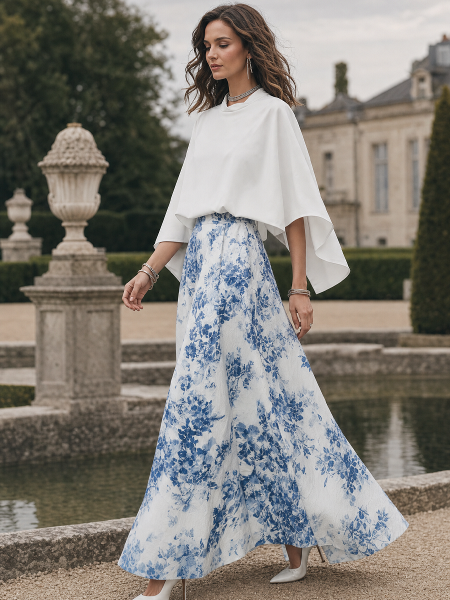 Romantic Ivory Blue Floral Print Cape-Sleeve Maxi Skirt Set