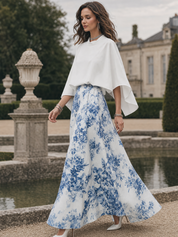 Romantic Ivory Blue Floral Print Cape-Sleeve Maxi Skirt Set