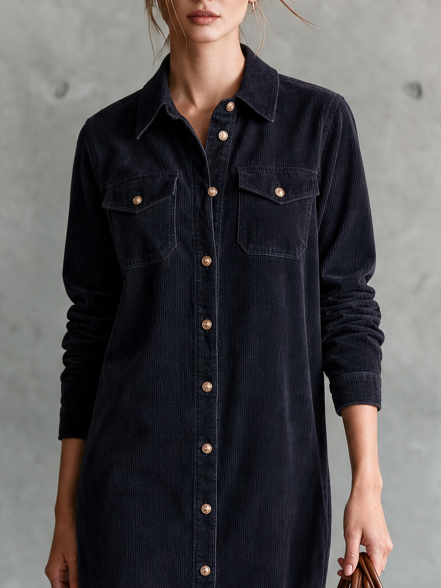 Timeless Navy Corduroy Shirt Midi Dress