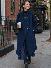 Navy Asymmetric Button High-Neck Longline Coat