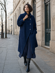 Navy Asymmetric Button High-Neck Longline Coat