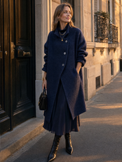 Navy Asymmetric Button High-Neck Longline Coat
