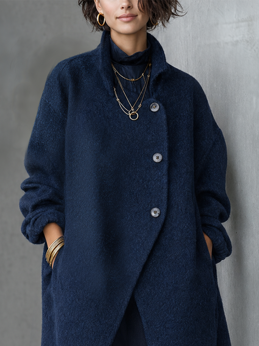 Navy Asymmetric Button High-Neck Longline Coat