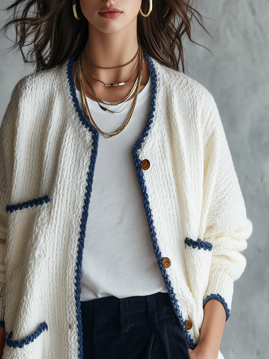 Ivory Chunky Knit Blue-Trim Longline Cardigan