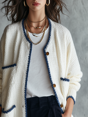 Ivory Chunky Knit Blue-Trim Longline Cardigan