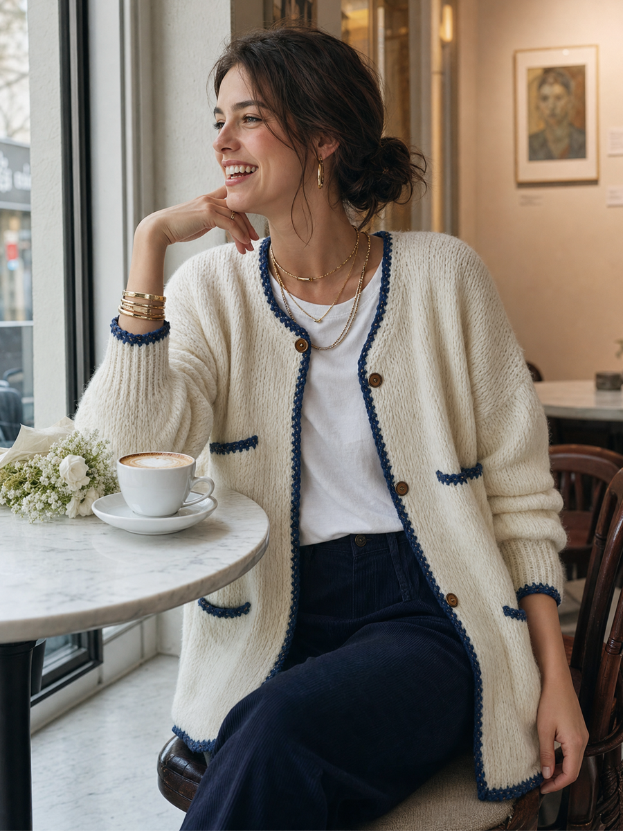 Ivory Chunky Knit Blue-Trim Longline Cardigan