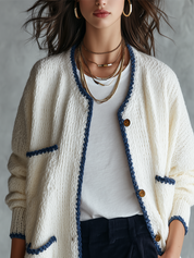 Ivory Chunky Knit Blue-Trim Longline Cardigan