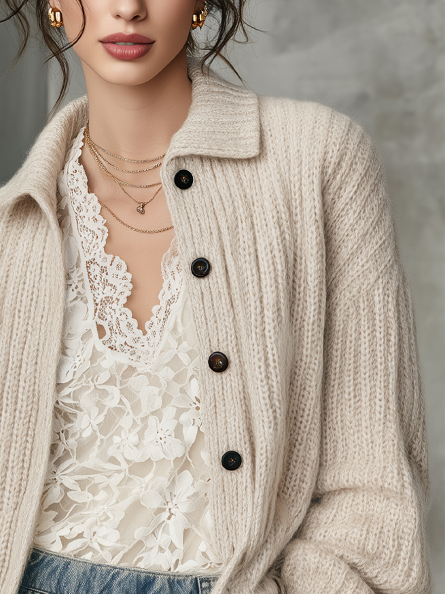 Oatmeal Soft Knit Button-Up Cardigan