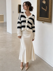 Chic Ivory Black Fuzzy Knit Gold-Button Cardigan