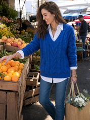 Classic Cobalt Blue Cable-Knit V-Neck Relaxed Sweater
