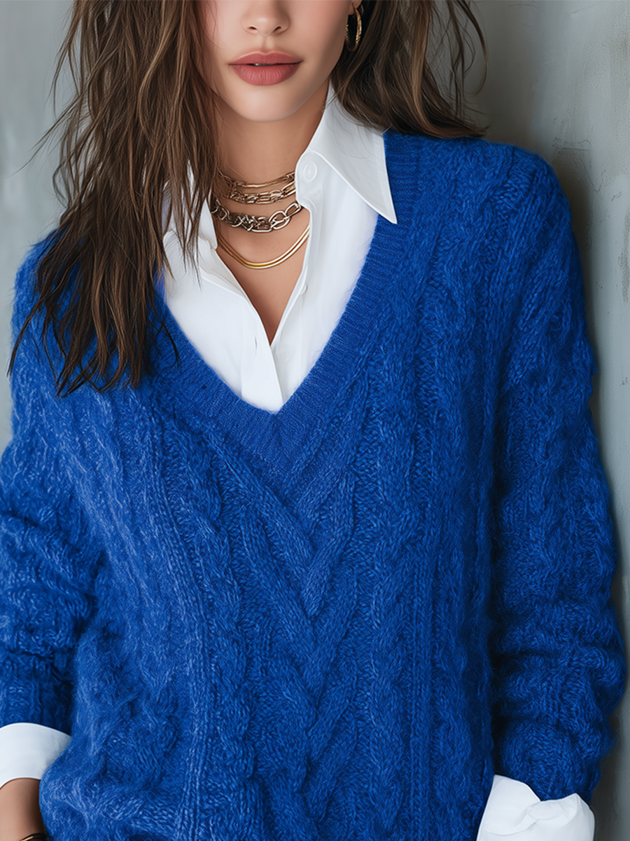 Classic Cobalt Blue Cable-Knit V-Neck Relaxed Sweater