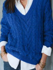 Classic Cobalt Blue Cable-Knit V-Neck Relaxed Sweater