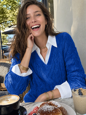 Classic Cobalt Blue Cable-Knit V-Neck Relaxed Sweater