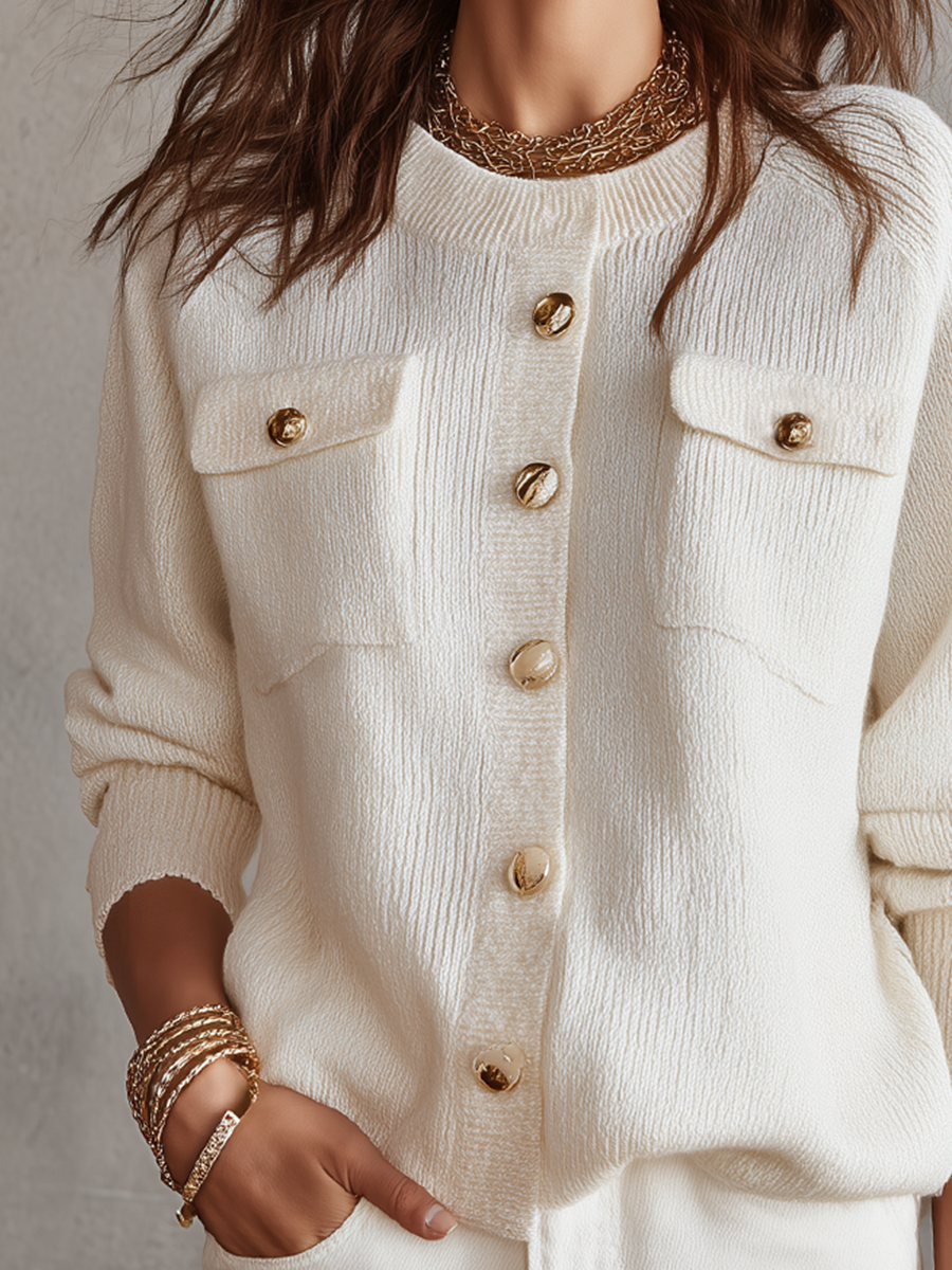 Ivory Knitted Cardigan With Gold Buttons