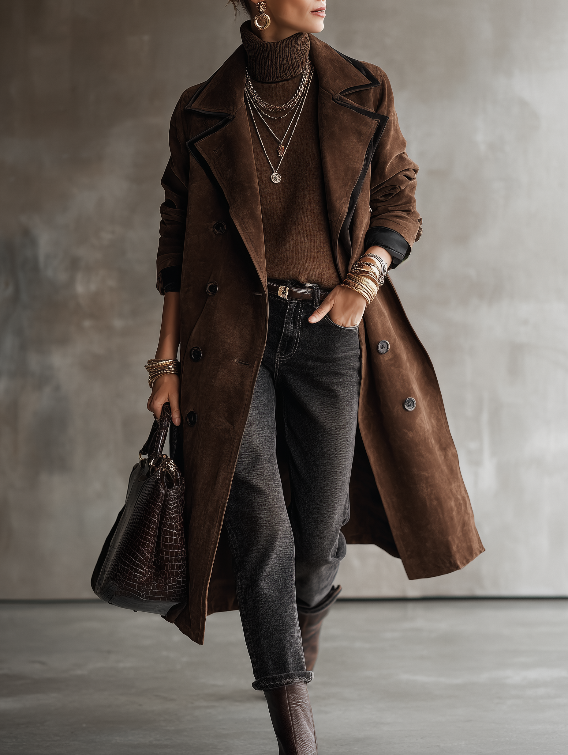 Vintage Western Faux Suede Tailored-Fit Dark Brown Longline Trench Coat