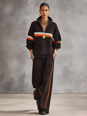 Sporty Retro Knit Relaxed-Fit Chocolate Brown Two-Piece Tracksuit Set