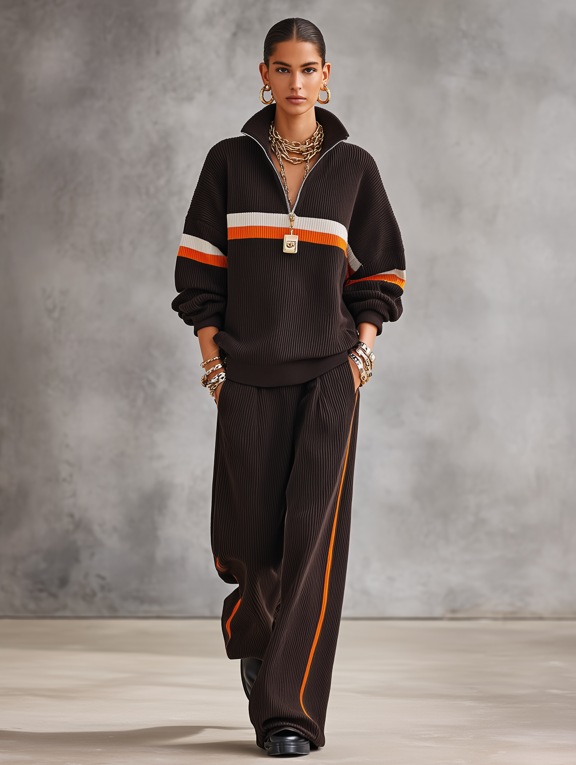 Sporty Retro Knit Relaxed-Fit Chocolate Brown Two-Piece Tracksuit Set