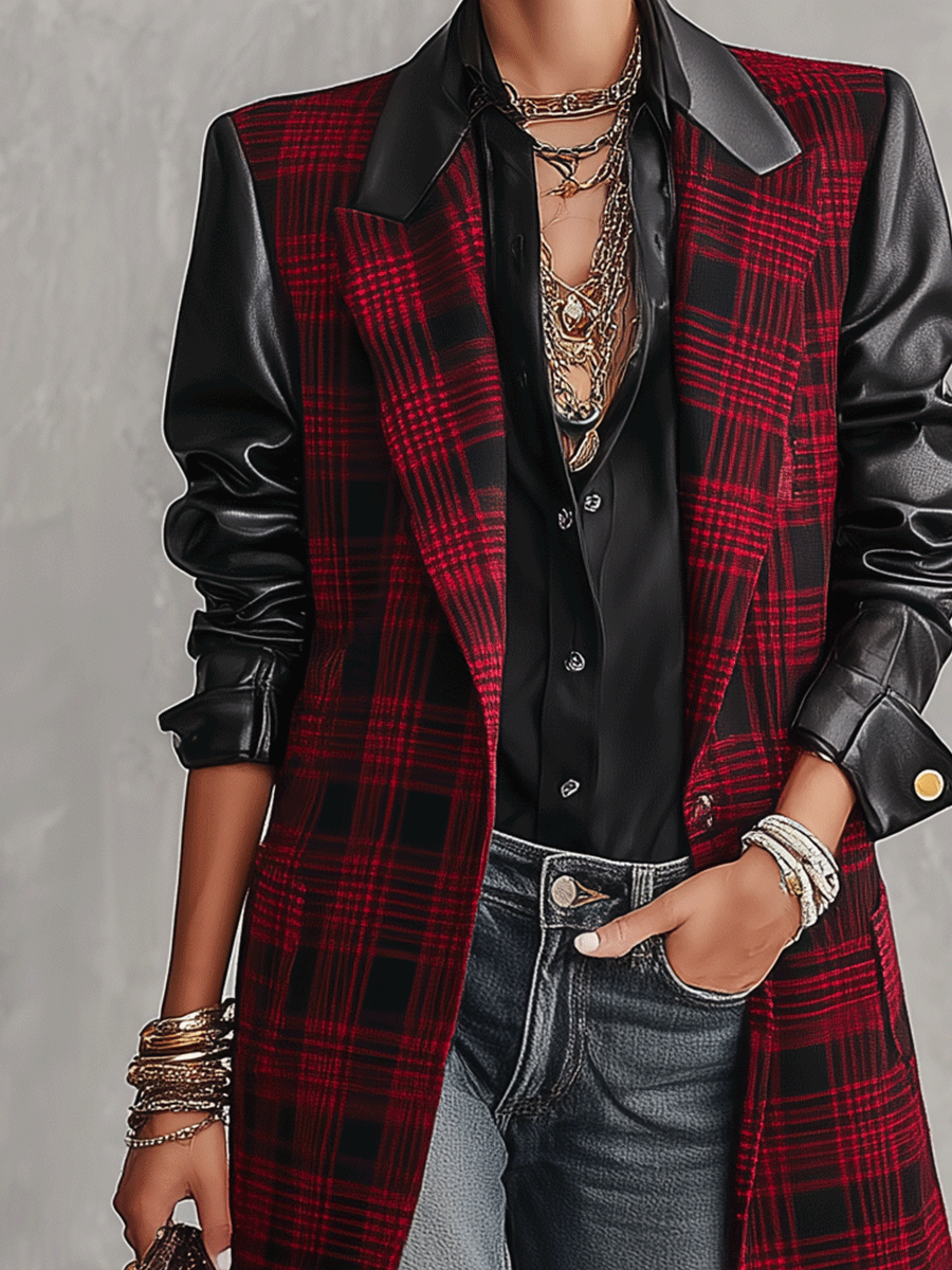 Women's Plaid Faux Leather Sleeves Blazer