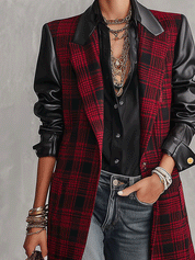 Women's Plaid Faux Leather Sleeves Blazer