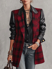 Women's Plaid Faux Leather Sleeves Blazer