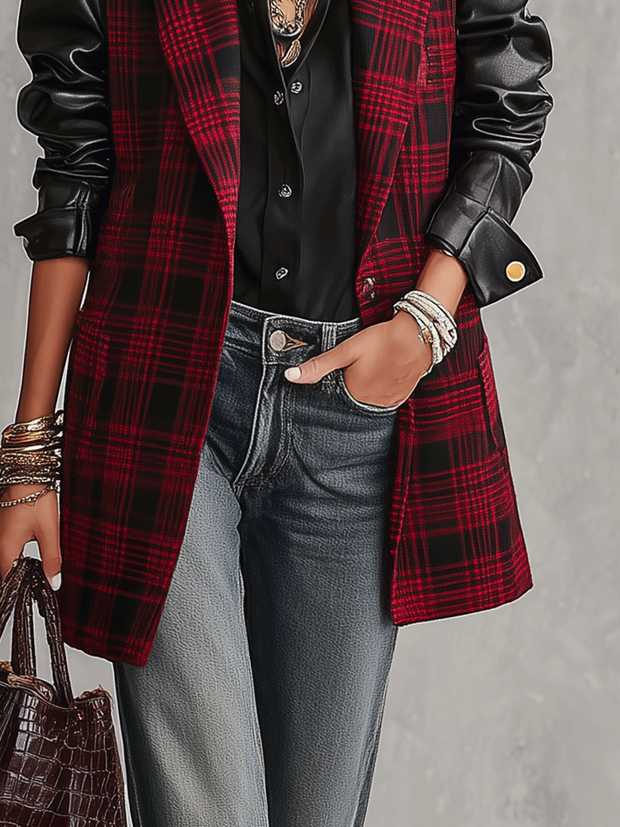 Women's Plaid Faux Leather Sleeves Blazer