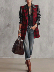 Women's Plaid Faux Leather Sleeves Blazer