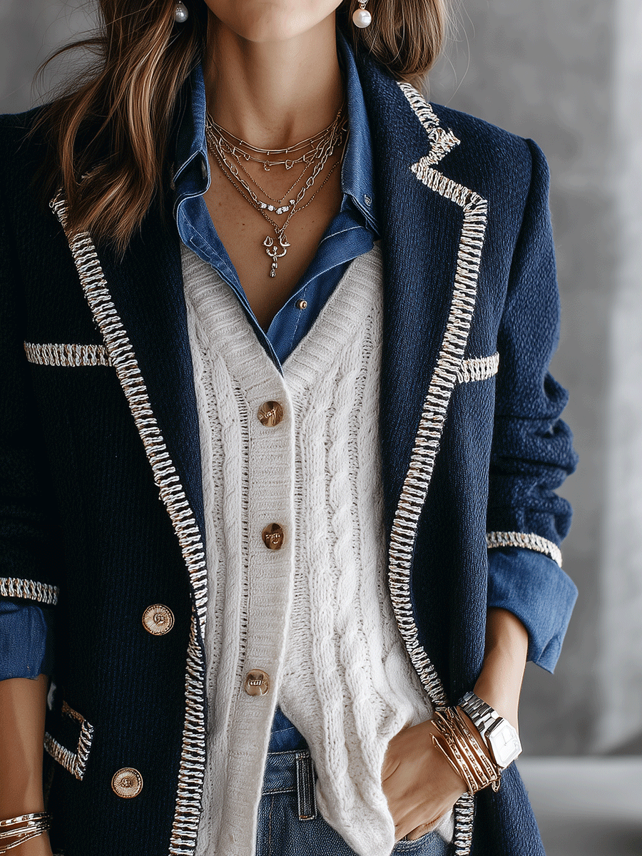 Contrast Trim Double-Breasted Gold Button Details Blazer