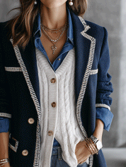 Contrast Trim Double-Breasted Gold Button Details Blazer