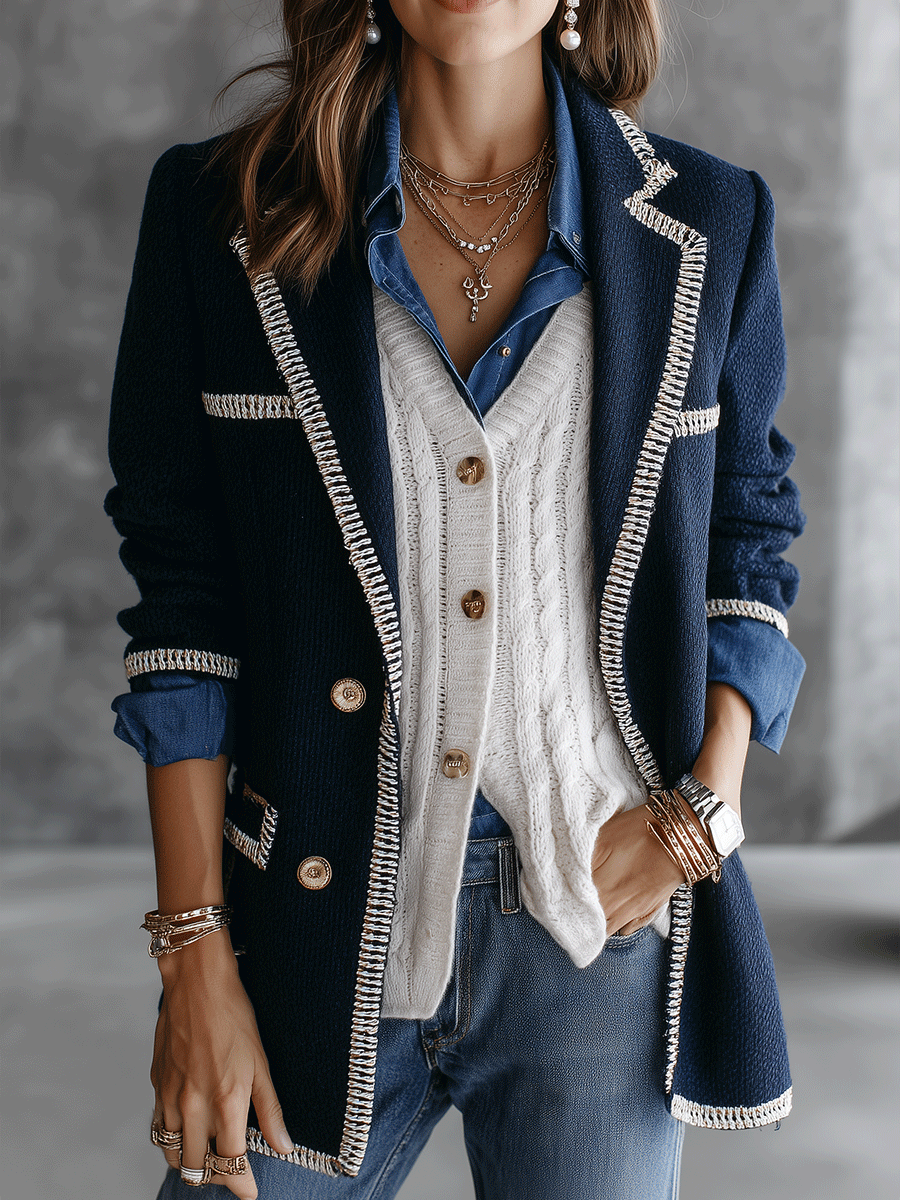 Contrast Trim Double-Breasted Gold Button Details Blazer