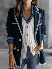 Contrast Trim Double-Breasted Gold Button Details Blazer