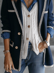 Contrast Trim Double-Breasted Gold Button Details Blazer