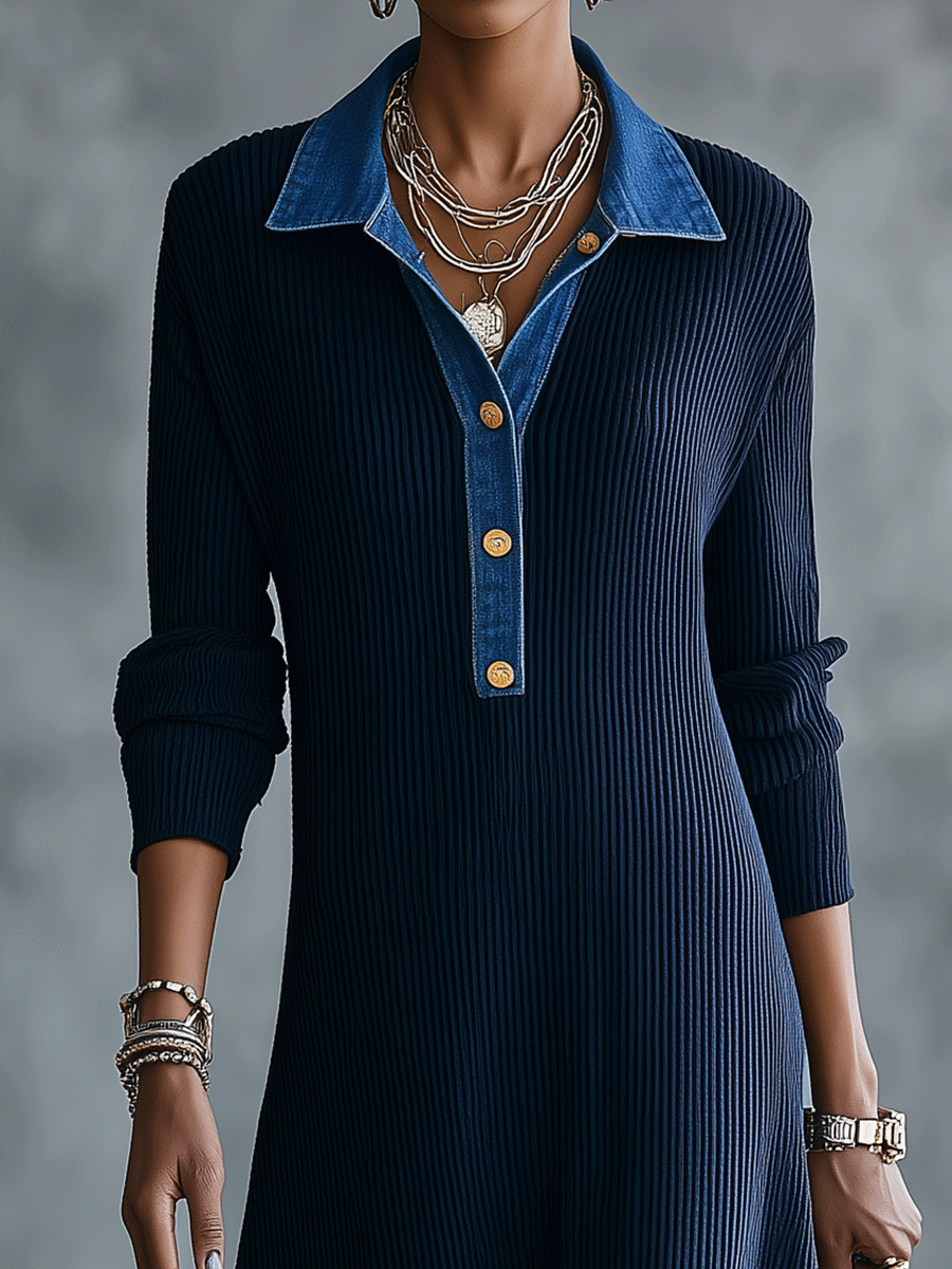 Women's Contrast Denim Collar Ribbed Knit Long Sleeve Maxi Sweater Dress