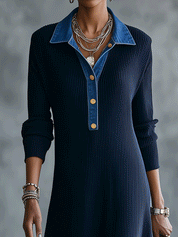 Women's Contrast Denim Collar Ribbed Knit Long Sleeve Maxi Sweater Dress