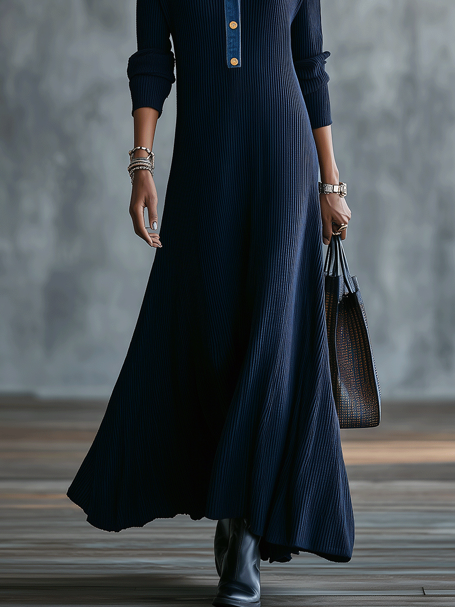 Women's Contrast Denim Collar Ribbed Knit Long Sleeve Maxi Sweater Dress
