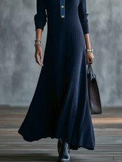 Women's Contrast Denim Collar Ribbed Knit Long Sleeve Maxi Sweater Dress