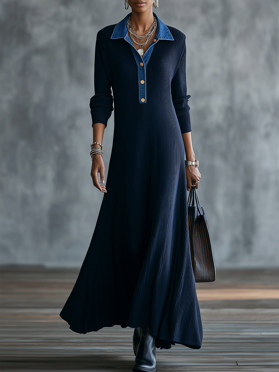Women's Contrast Denim Collar Ribbed Knit Long Sleeve Maxi Sweater Dress