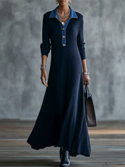 Women's Contrast Denim Collar Ribbed Knit Long Sleeve Maxi Sweater Dress