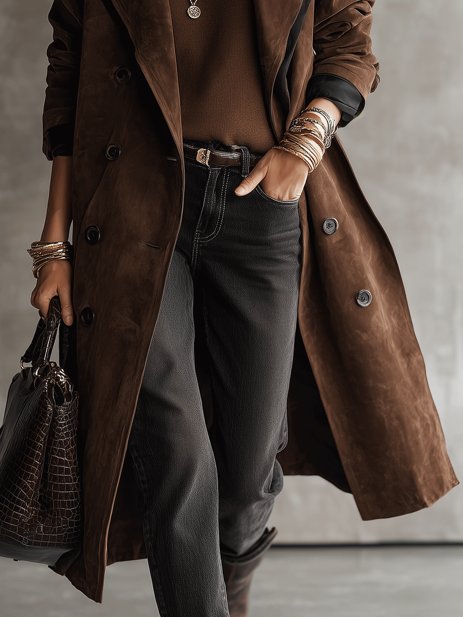 Vintage Western Faux Suede Tailored-Fit Dark Brown Longline Trench Coat