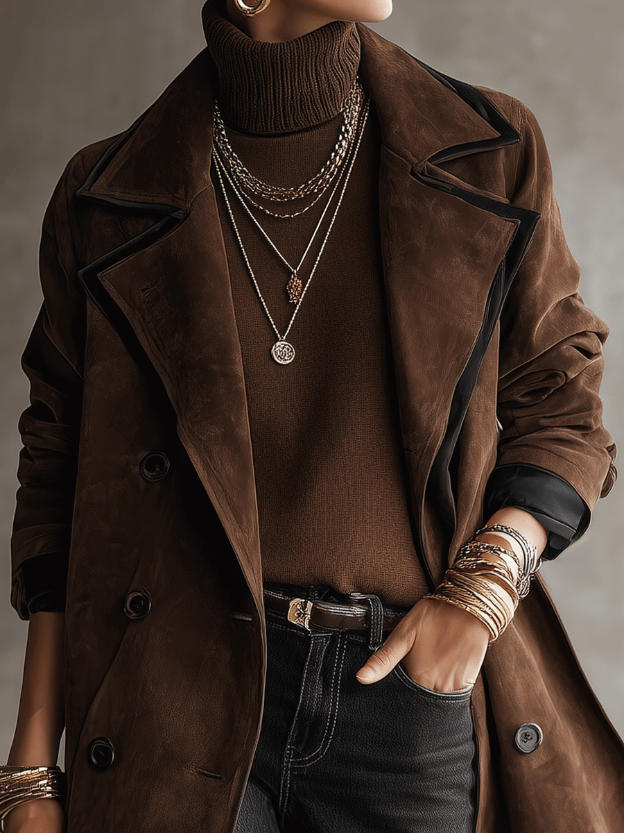 Vintage Western Faux Suede Tailored-Fit Dark Brown Longline Trench Coat