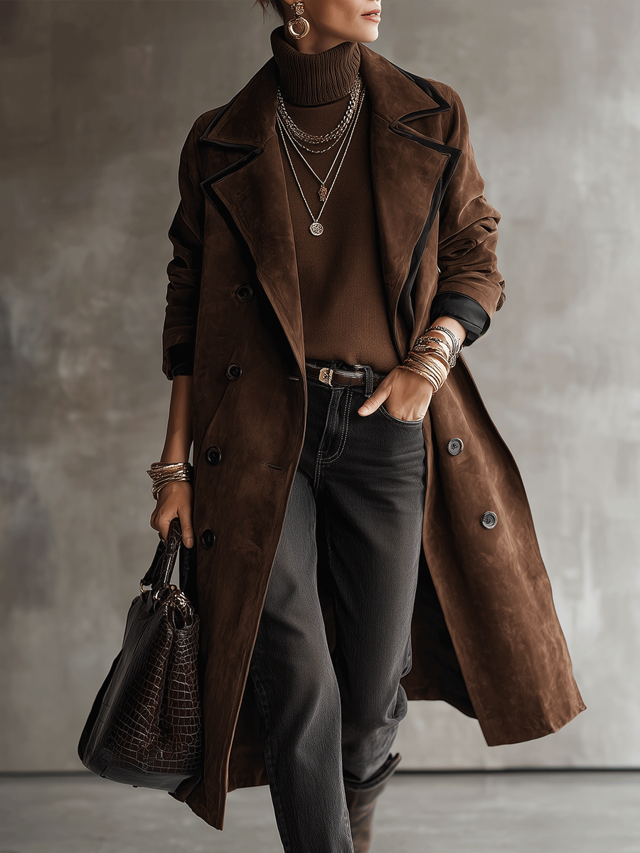 Vintage Western Faux Suede Tailored-Fit Dark Brown Longline Trench Coat
