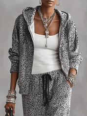 Leopard Print Zip-Up Hoodie and Wide-Leg Pants Lounge Set