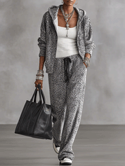 Leopard Print Zip-Up Hoodie and Wide-Leg Pants Lounge Set