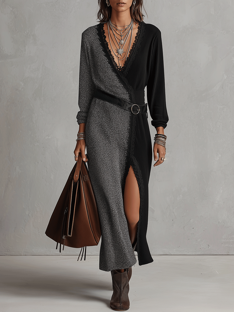 Women's V-Neck Colorblock Wrap Front Ribbed Knit Maxi Dress