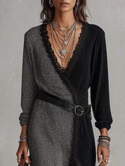 Women's V-Neck Colorblock Wrap Front Ribbed Knit Maxi Dress