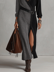 Women's V-Neck Colorblock Wrap Front Ribbed Knit Maxi Dress