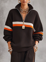 Sporty Retro Knit Relaxed-Fit Chocolate Brown Two-Piece Tracksuit Set