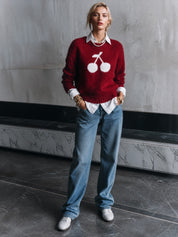 Women's Cherry Intarsia Crew Neck Mohair Sweater