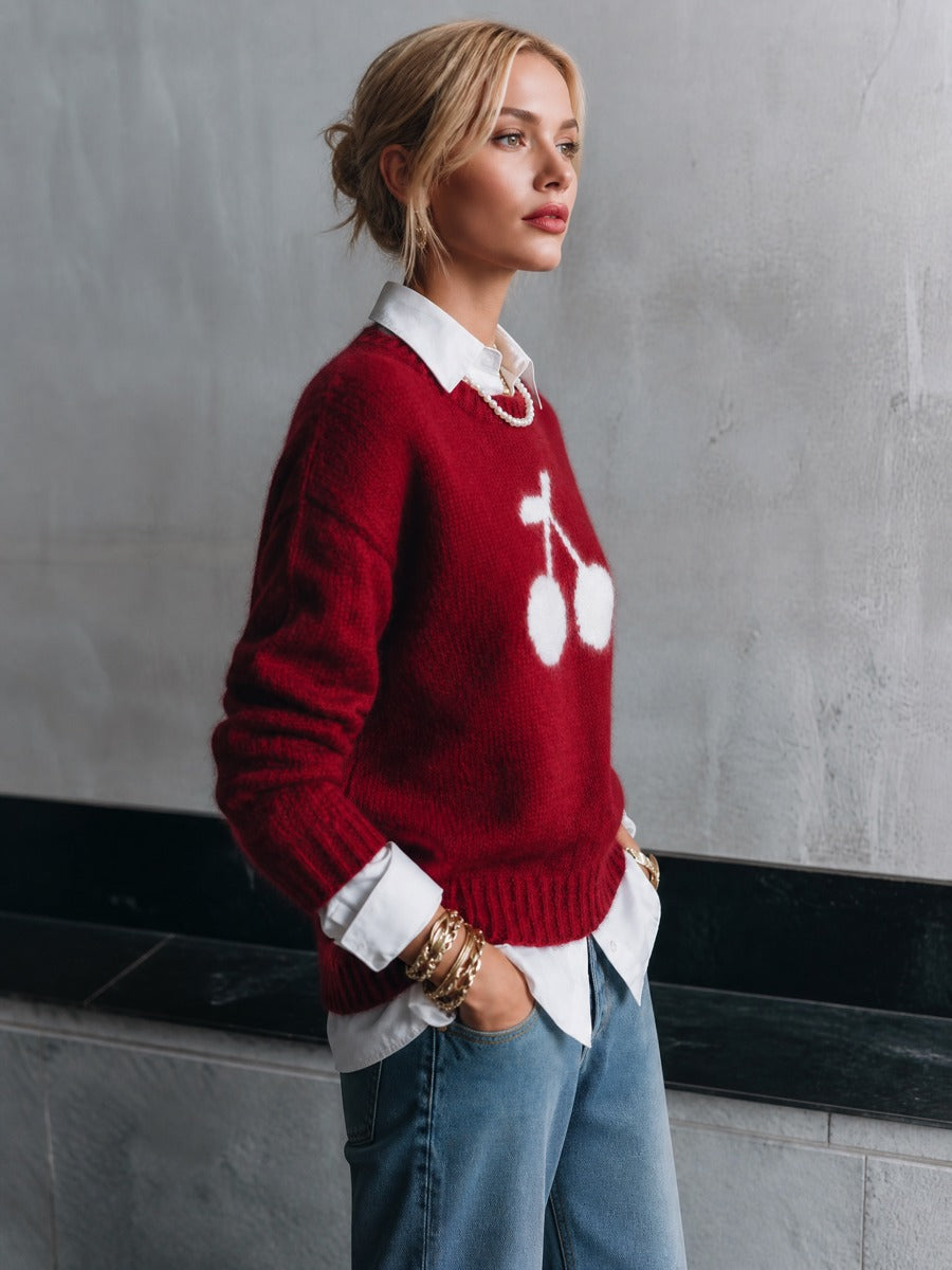 Women's Cherry Intarsia Crew Neck Mohair Sweater