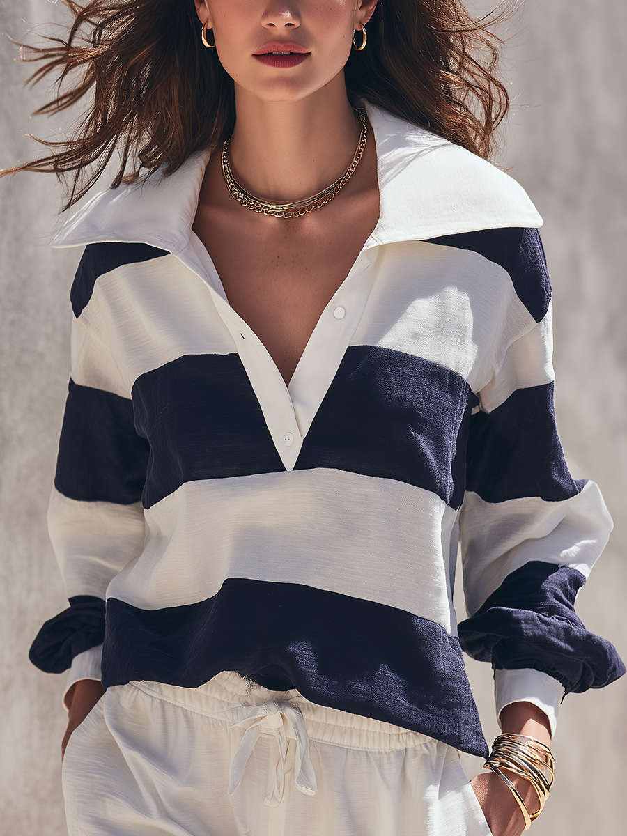 Navy Blue Striped Polo Collar Long Sleeved Top