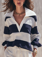 Navy Blue Striped Polo Collar Long Sleeved Top